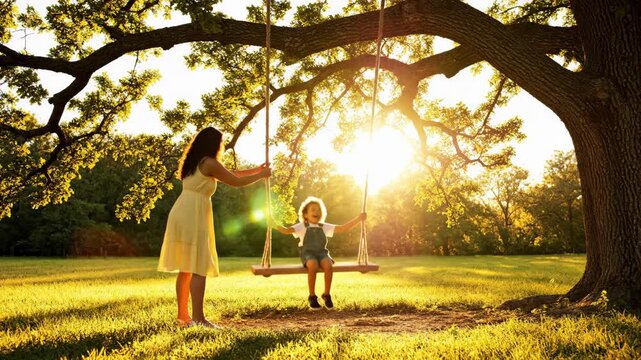 happy mulatto child laughing on swing as mother pushes her in sunlit park. heartwarming family moment at sunset. motherhood, childhood, and outdoor leisure.