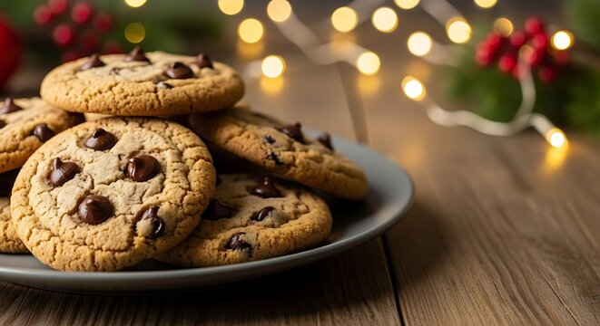 A stack of freshly baked chocolate chip cookies on a gray plate, arranged on a wooden table with blurred christmas lights in the background - Powered by Adobe