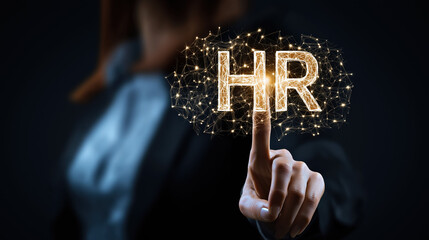 Human Resource Management Technology HR Manager Reviewing Digital CV Network Structure Online Recruitment System Selecting Perfect Employee Candidate for Company