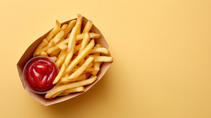 Crispy French fries served in a paper container with ketchup on a bright yellow background, captured in clean studio lighting for modern fast-food visuals.