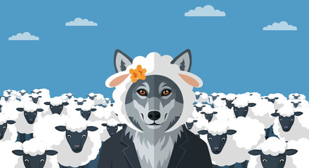 Scheming wolf dressed as sheep cleverly blends in, wearing a suit
