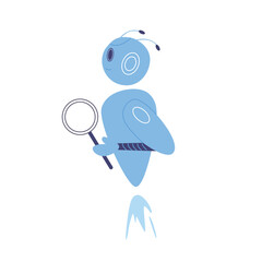 Obraz premium Friendly blue robot character holding magnifying glass isolated on white background vector illustration
