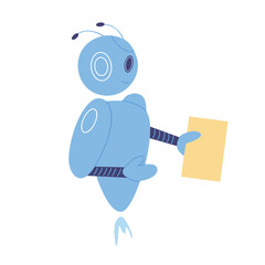 Friendly blue robot character holding a paper document on a white isolated background vector illustration