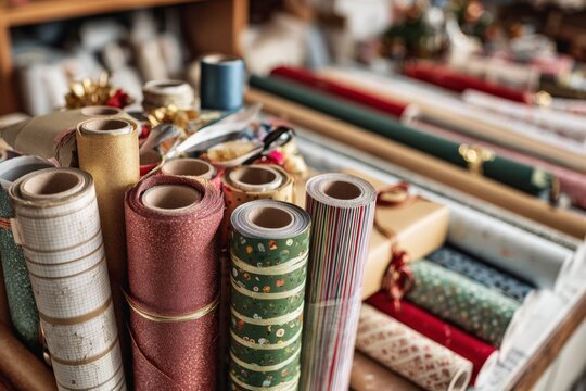Various rolls of colorful wrapping paper and craft supplies are neatly arranged on shelves. The vibrant patterns and textures suggest preparations for holiday gifts during the winter season