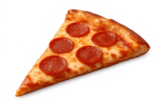 Pepperoni pizza slice on transparent background. Freshly baked italian american fast food with melted cheese and red meat topping