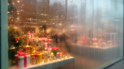 Fototapeta premium Christmas gift shop window clouded by pollution