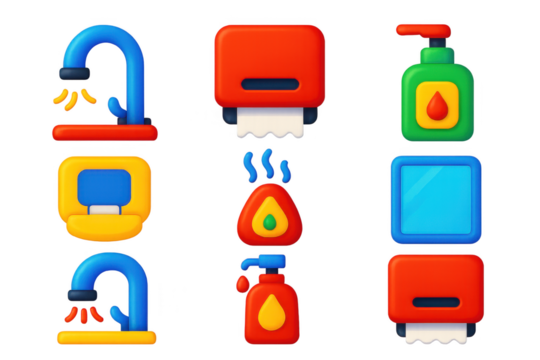 Set of icons for bathroom items, including a sink, toilet, and soap dispenser