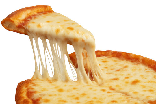 Pizza slice with hot melted mozzarella cheese pulling, delicious classic italian food on transparent background