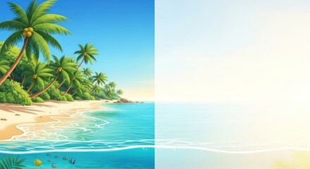 Fototapeta premium Tropical beach paradise with turquoise ocean and lush palm trees scene