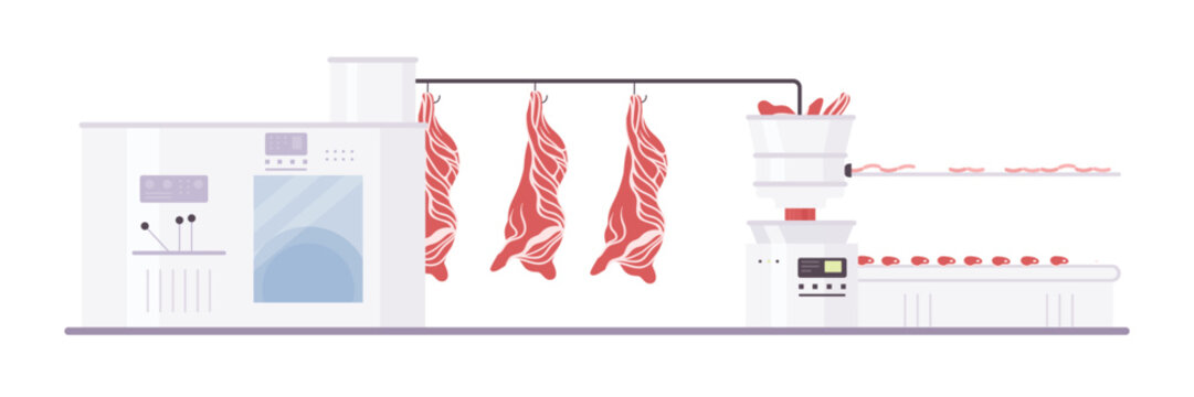 Isolated beef production line with meat processing equipment and hanging carcasses vector illustration