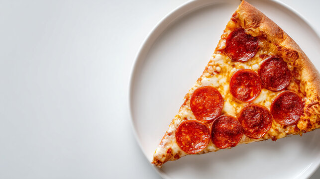 Single slice of pepperoni pizza on a white plate photographed in bright light for crisp, clean fast-food imagery showcasing melted cheese and golden crust.