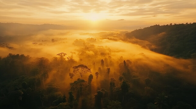 A breathtaking green Amazon rainforest landscape illuminated by warm sunrise/sunset light, captured from an adventurous aerial drone perspective with a serene, exploratory vibe.