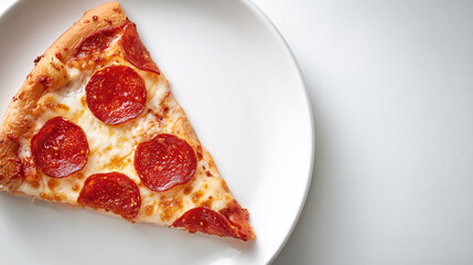 Pepperoni pizza slice on a white plate photographed in bright studio light, highlighting melted cheese, crisp crust, and rich toppings for clean fast-food imagery.