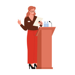 Confident businesswoman presenting at conference podium with microphone and documents on isolated vector illustration