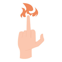 Cartoon hand with raised finger on fire, isolated on white background, creative concept vector illustration