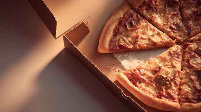 Open cardboard pizza box with several slices of pepperoni pizza in warm studio light, showing melted cheese, crisp crust, and classic takeout presentation.