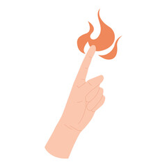 Minimalist isolated hand with finger touching fire flame on white background vector illustration
