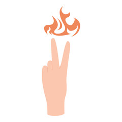 Minimalist hand showing peace sign with stylized fire above on isolated white background vector illustration