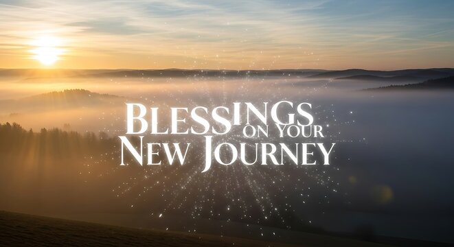 A serene landscape with morning mist and a rising sun, conveying blessings for a new journey and a sense of hope and fresh beginnings