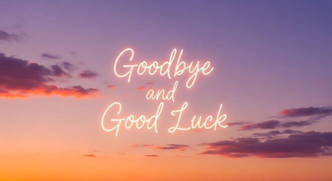 Goodbye and good luck message glowing against a vibrant sunset sky with soft clouds, creating a warm and hopeful atmosphere for farewells