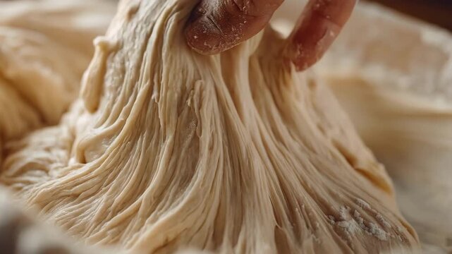 Medium shot showing closeup of dynamic hand movements stretching and folding dough focusing on the tactile development of gluten strands during manual kneading.