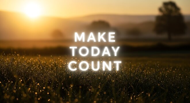 A motivational message make today count is displayed over a golden field at sunrise, inspiring viewers to seize the day and live fully