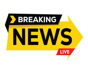 Breaking news announcement banner vector with bold yellow arrow and live label