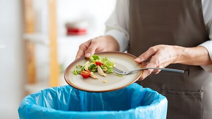 Person discarding leftover salad into blue trash bin in kitchen