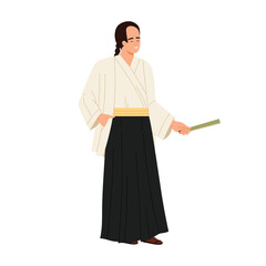 Smiling Japanese man wearing traditional kimono and hakama, holding fan, isolated on white vector illustration
