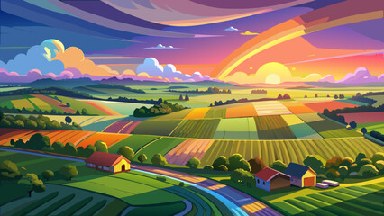 Fototapeta premium Very beautiful aerial view of a rainbow sunset over the rolling countryside of Cranbury, New Jersey, featuring vibrant skies, soft golden light, and serene farmland landscapes creating a peaceful and 