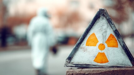 Radiation hazard sign warning of danger, with an anonymous figure in protective hazmat suit in blurred background, addressing nuclear risk and environmental protection