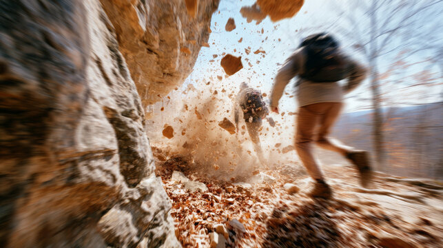 Hikers escaping from a dangerous rockslide in the mountains, running away from falling stones, dust, and debris, representing natural disaster, urgent survival, and fear concepts