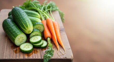 Vibrant Composition of Fresh Cucumbers and Carrots on Rustic Wooden Surface