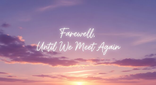A serene farewell scene featuring a vibrant sunset sky with soft clouds and the heartfelt message farewell, until we meet again