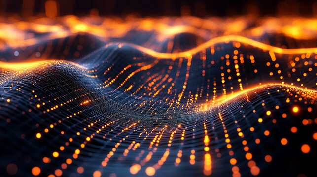 Futuristic big data and AI visualization showing complex neural network flows, machine learning patterns, and dynamic information streams in glowing 3D cyberspace.