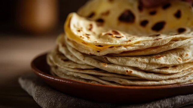 Midshot of fresh cashewbased tortilla wraps stacked neatly on a ceramic plate highlighting their soft texture and nutty flavor appeal.