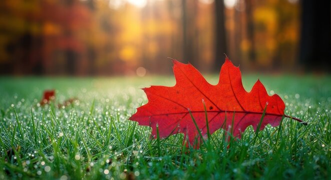 Vibrant fall foliage leaf lying on dewy grass during the serene autumn season - Powered by Adobe
