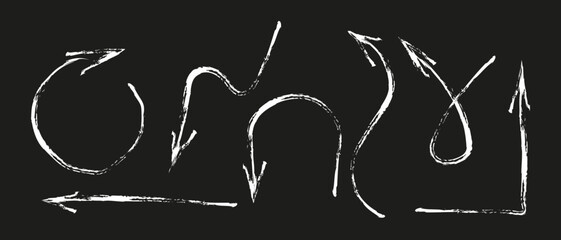 Hand drawn chalkboard arrow set for direction navigation. Brush stroke indicator sketch with grunge texture. Concept vector illustration