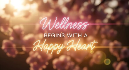 Wellness begins with a happy heart concept with pink flowers and sunlight, promoting mental health and positive emotions for a fulfilling life