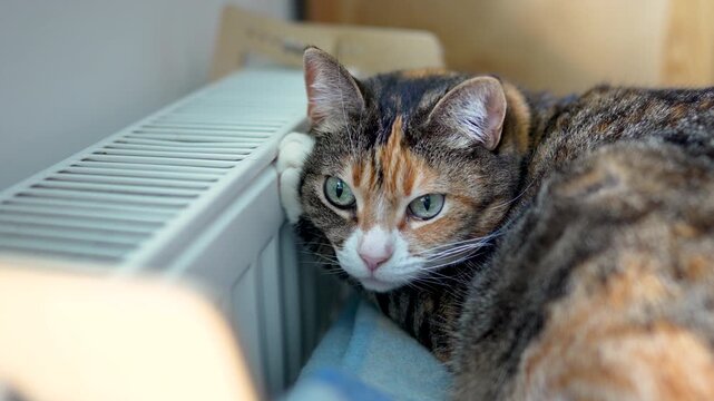 Domestic calico cat lying on shelf on soft plaid, warms its paw on warm radiator in living room. Kitty chilling near heater at home. Heating season in winter time. 