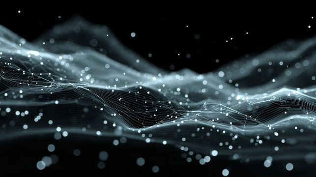 Futuristic big data and AI visualization showing complex neural network flows, machine learning patterns, and dynamic information streams in glowing 3D cyberspace.