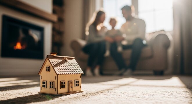 Symbol of home ownership with a family enjoying their new house.