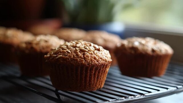 Medium shot of bran whole grain muffins cooling on a rack showcasing a wholesome fiberrich breakfast option for a nutritious start to the day.