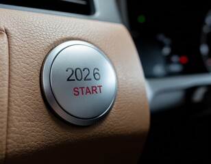 Close-up of a car's start button with '2026' and 'START' printed on it.