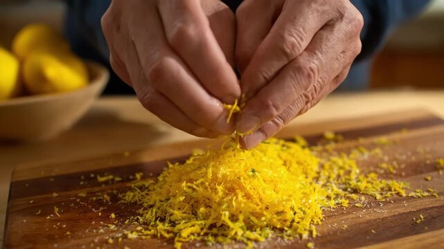 Medium shot of a person carefully grating lemon zest over a wooden cutting board showcasing the fine texture and vibrant yellow color for culinary use.