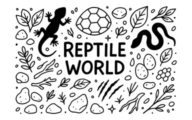 Reptile world: hand drawn nature pattern with leaves, lizards, snakes, and rocks