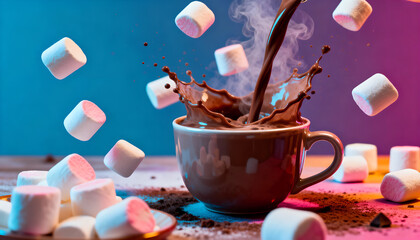 Hot chocolate pouring mid-air into mug surrounded by floating marshmallows. Gravity-defying effect.