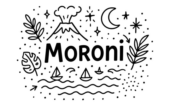 Moroni doodle art with volcano, moon, and sailboats in black and white