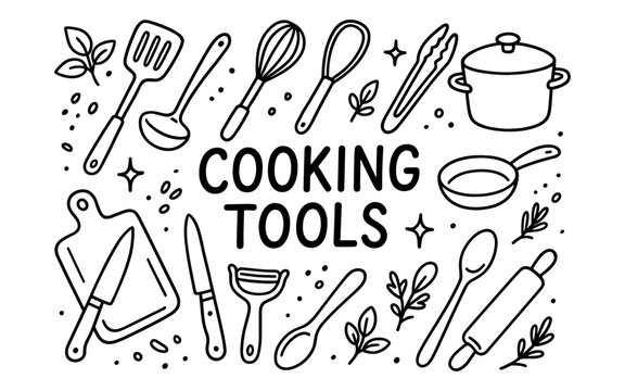 Essential kitchen tools in black and white doodle style for cooking enthusiasts