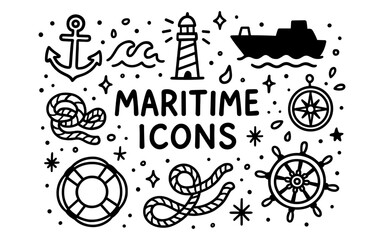 Nautical icons set: anchor, ship, lighthouse, compass, wheel, rope in black and white